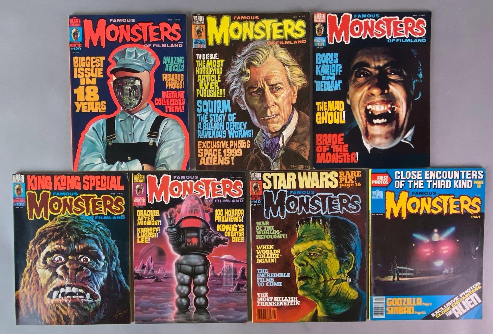 Group of 7 Warren Magazine Famous Monsters of Filmland Magazines: Includes No. 129-133, and 140-141, October 1976-March 1978, Bronze Age, $1.25-$1.75.