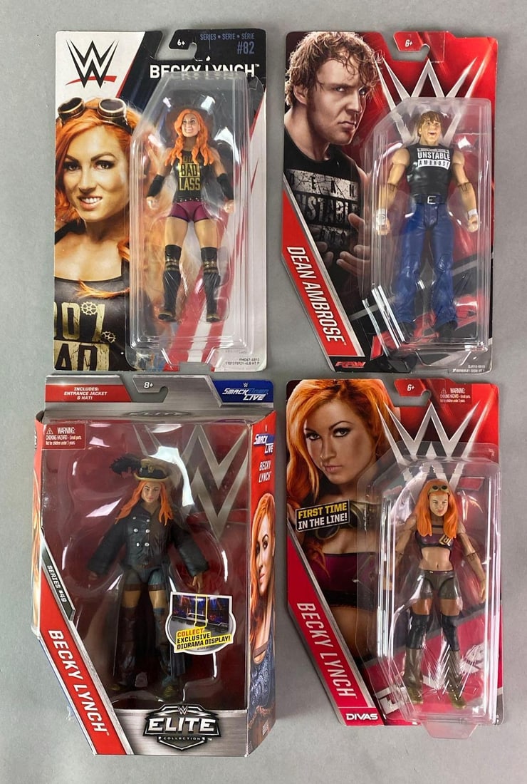 Group of 4 Wrestling Action Figures: 2015-2017, Includes (3) Becky Lynch, and (1) Dean Ambrose, 1 Becky Lynch plastic not attached to board, Largest packaging measures 10 1/2 x 7 x 2 1/2 inches.