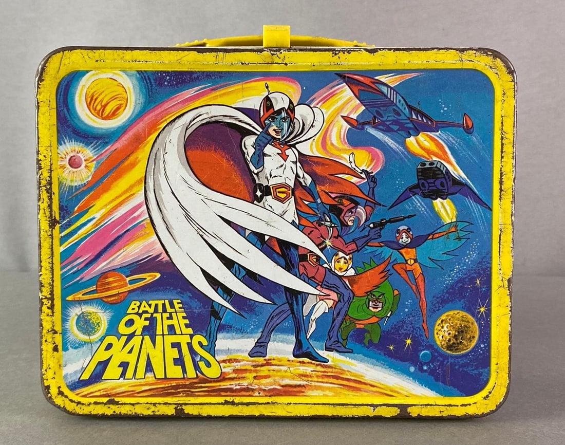 1979 Thermos Battle of the Planets Metal Lunch Box: Some rust and discoloration, Name carved onto inside of lid, Measures 7 1/4 x 8 1/2 x 4 inches.