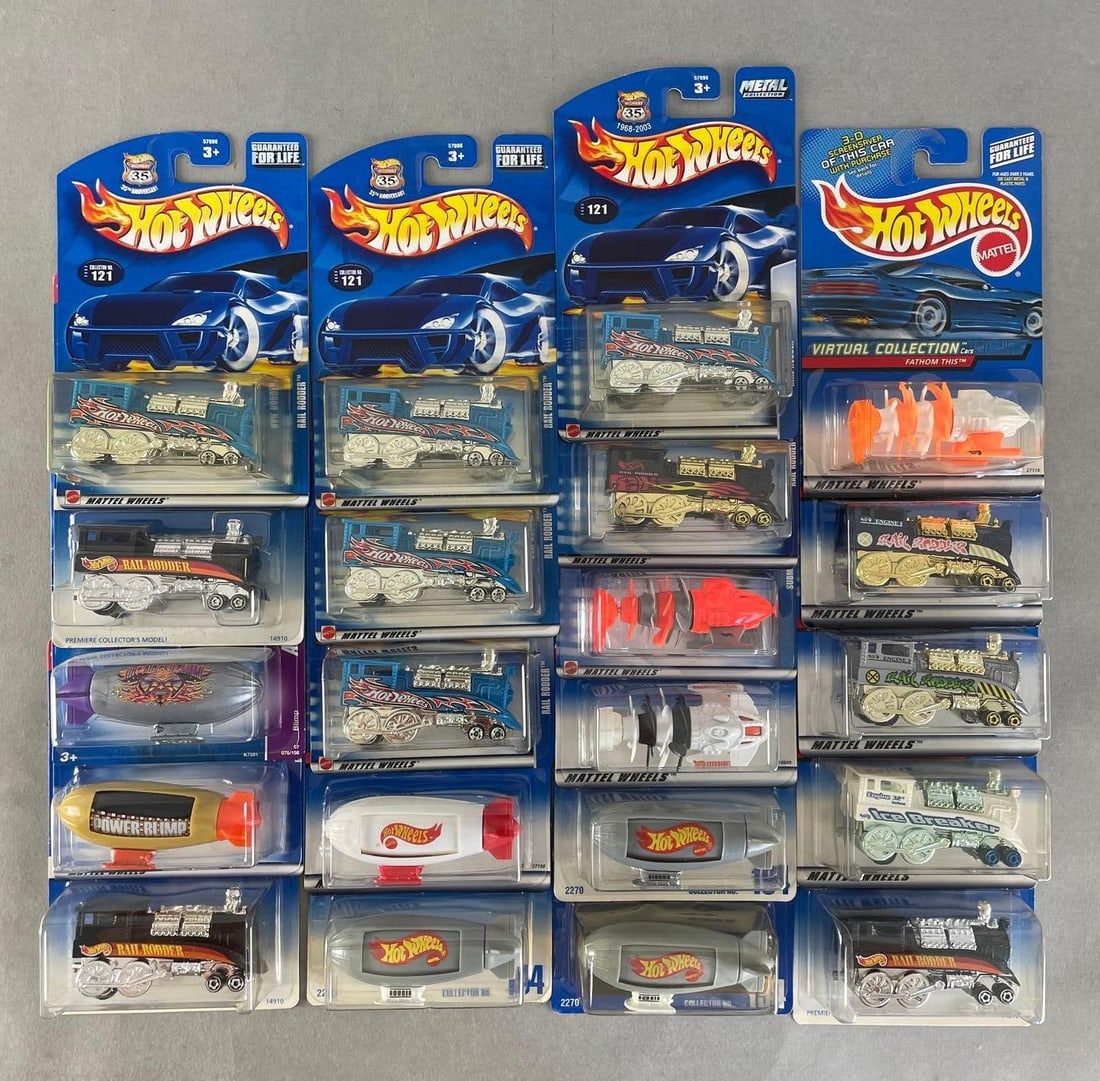 Group of 20+ Mattel Hot Wheels Die-Cast Vehicles: Includes trains, blimps, submarine