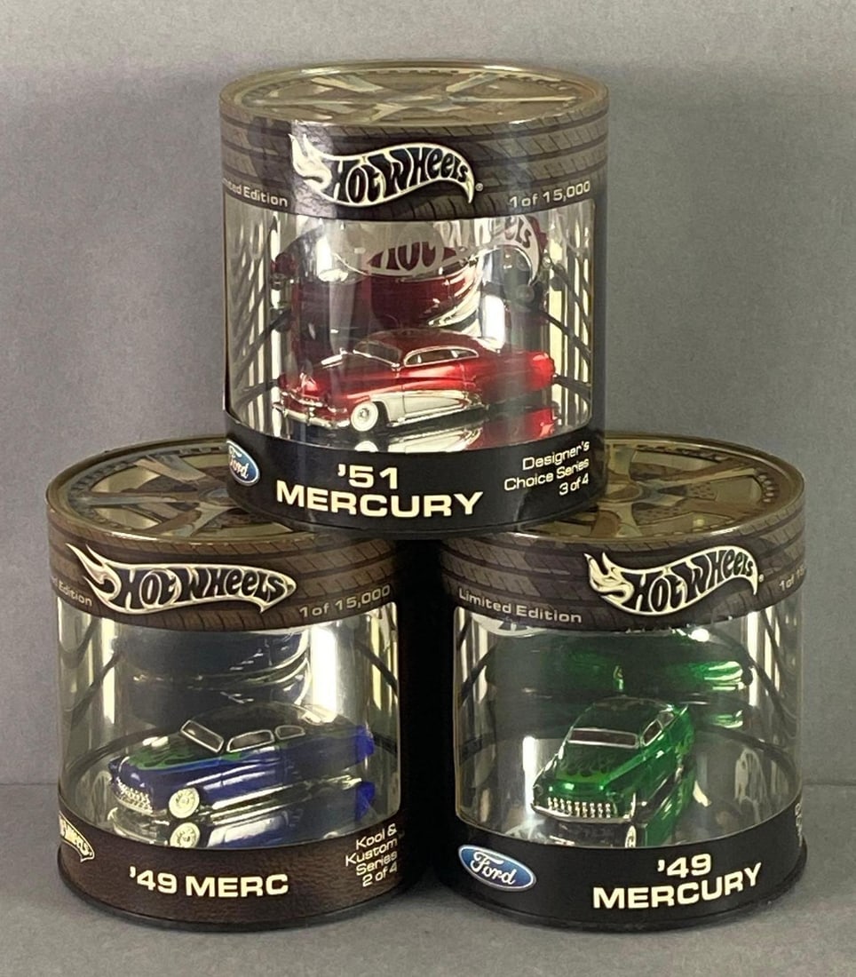 Group of 3 Mattel Hot Wheels Mercury Cars: Die-cast, limited edition of 15000, includes 1949 and 1951 Mercurys