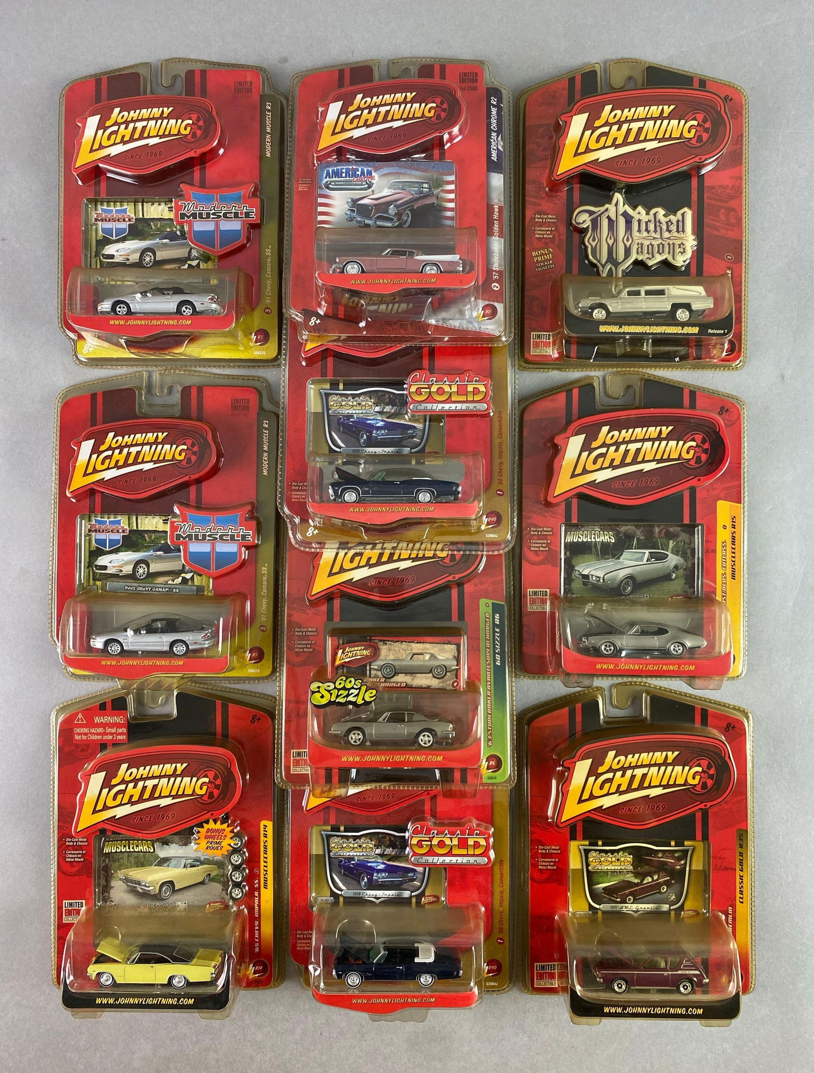 Group of 10 Playing Mantis Johnny Lightning Classic Cars: die-cast, includes 1971 AMC gremlin, 1968 Chevy Impala Convertible, 1965 impala SS and more