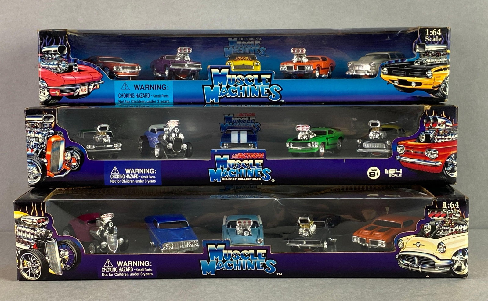 Group of 3 Muscle Machines Die-Cast Gift Packs: includes 1969 Boss 302, 1969 Charger, 1933 Ford coupe and more