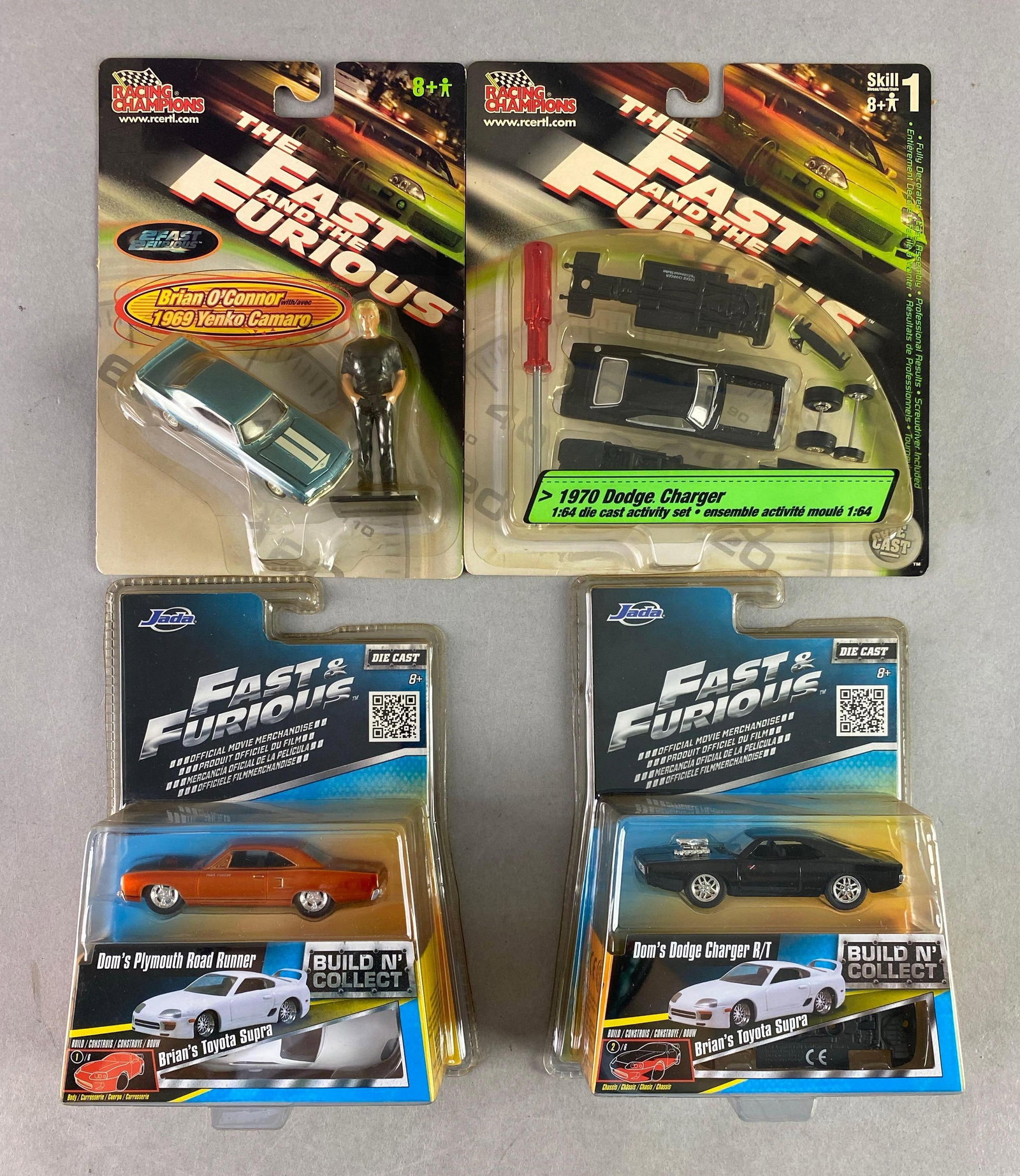 Group of 4 Fast and Furious Movie Die-Cast Muscle Cars: Includes Doms Plymouth roadrunner and Dodge Charger R/T, Brian’s 1969 Yenko Camaro and 1970 dodge charger activity set