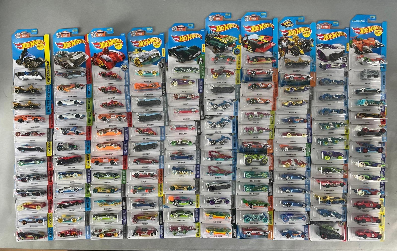 Group of 120+ Mattel Hot Wheels Designs Die-Cast Vehicles: Includes x-raycers, glow wheels, super chromes, off-road, and more