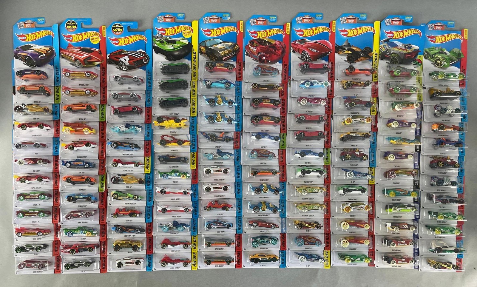 Group of 120 Mattel Hot Wheels Designs Die-Cast Vehicles: Includes hw race, city, off-road, workshop