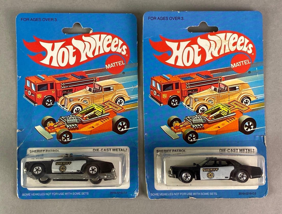 Group of 2 Hot Wheels No. 2019 Sheriff Patrol Die-Cast Vehicles: 1983, Mattel, In original packaging, Packaging measures 6 1/2 x 4 1/4 x 1 1/2 inches.
