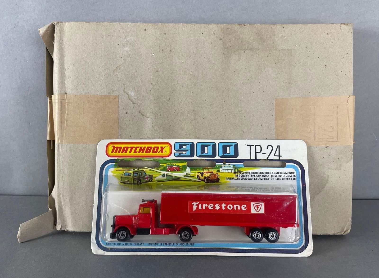 Shipping Sleeve of 6 Matchbox 900 TP-24 Die-Cast Trucks: Firestone, 1/64 scale