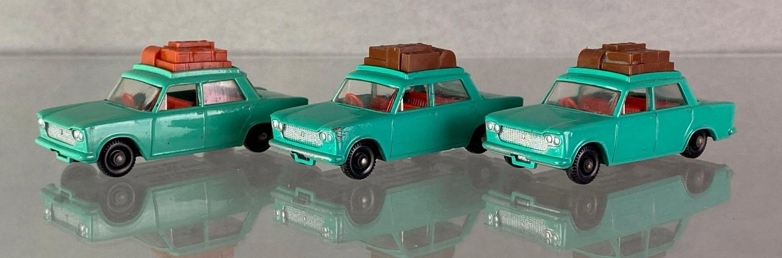 Group of 3 Matchbox No . 56 Fiat 1500 Die-Cast Vehicles: A Lesney Product, Made in England, Body: Mint Green, Interior: Orange, Base: Black, Black plastic wheels, Die-Cast.