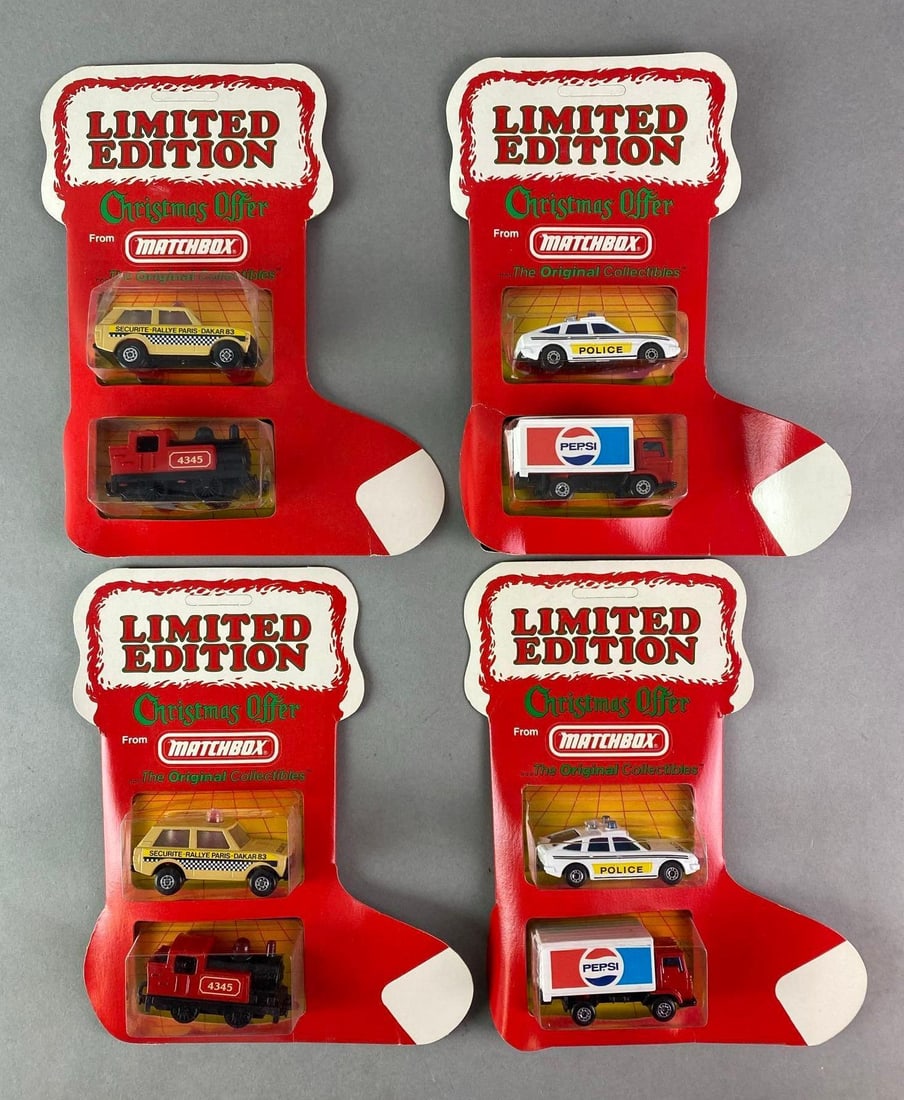Group of 4 Matchbox Christmas Offer Die-Cast Vehicle Stockings: Limited Edition, Vehicles include Police Car, Train Engine, Taxi Cab, and more, Packaging measures 9 1/4 x 7 1/2 x 1 1/4 inches.