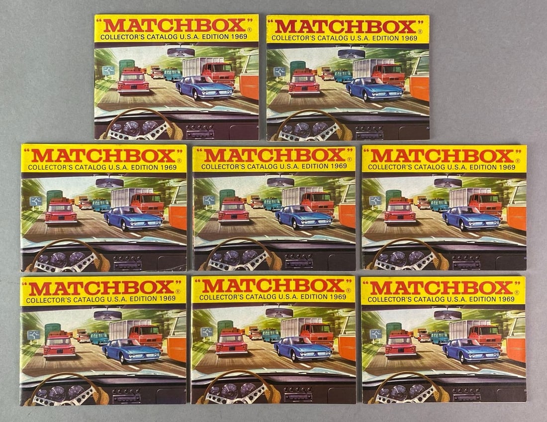 Group of 8 1969 Matchbox Collectors Catalogues: All measure 4 1/4 x 5 1/2 inches.