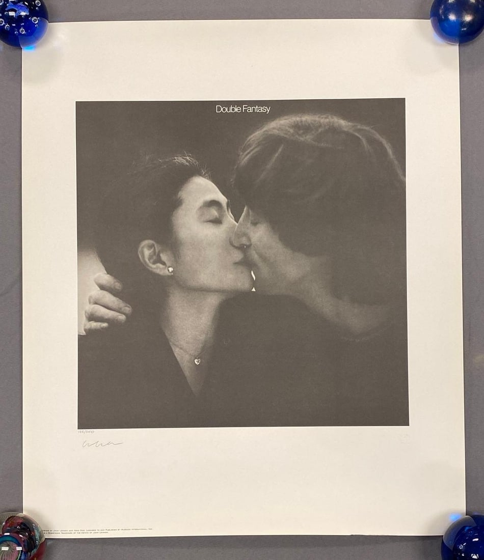 Signed John Lennon Double Dantasy Limited Edition Print: Limited edition No. 185 of 500, with COA, printed in 1995, signed by yoko ono, measures 34 x 21 1/2 inches, flower frogs not included