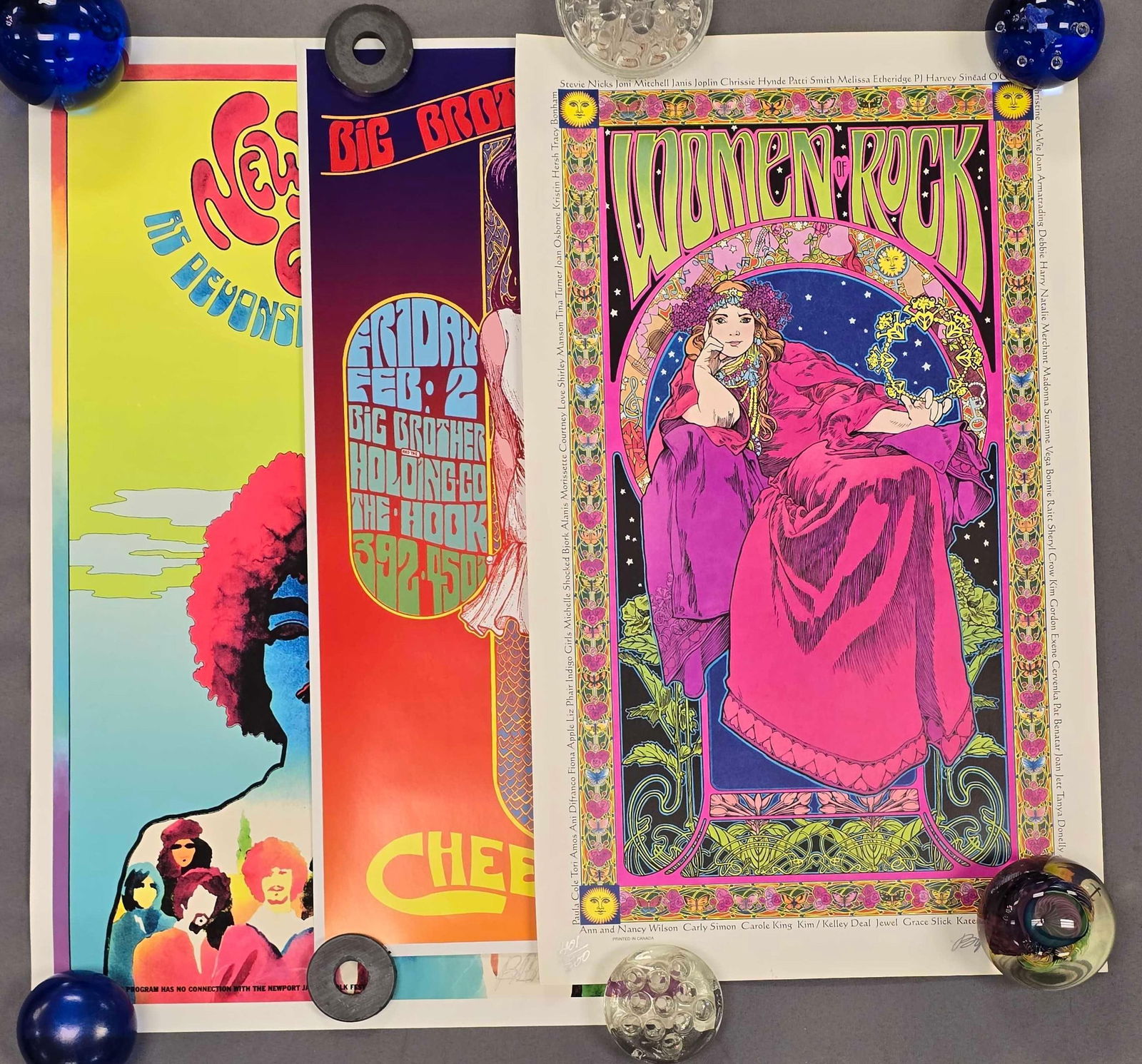 Group of 3 Bob Masse Plate-Signed Prints: Includes Newport 1969, big brother and Holding Co., and women of rock, 25 1/2 x 17 inches