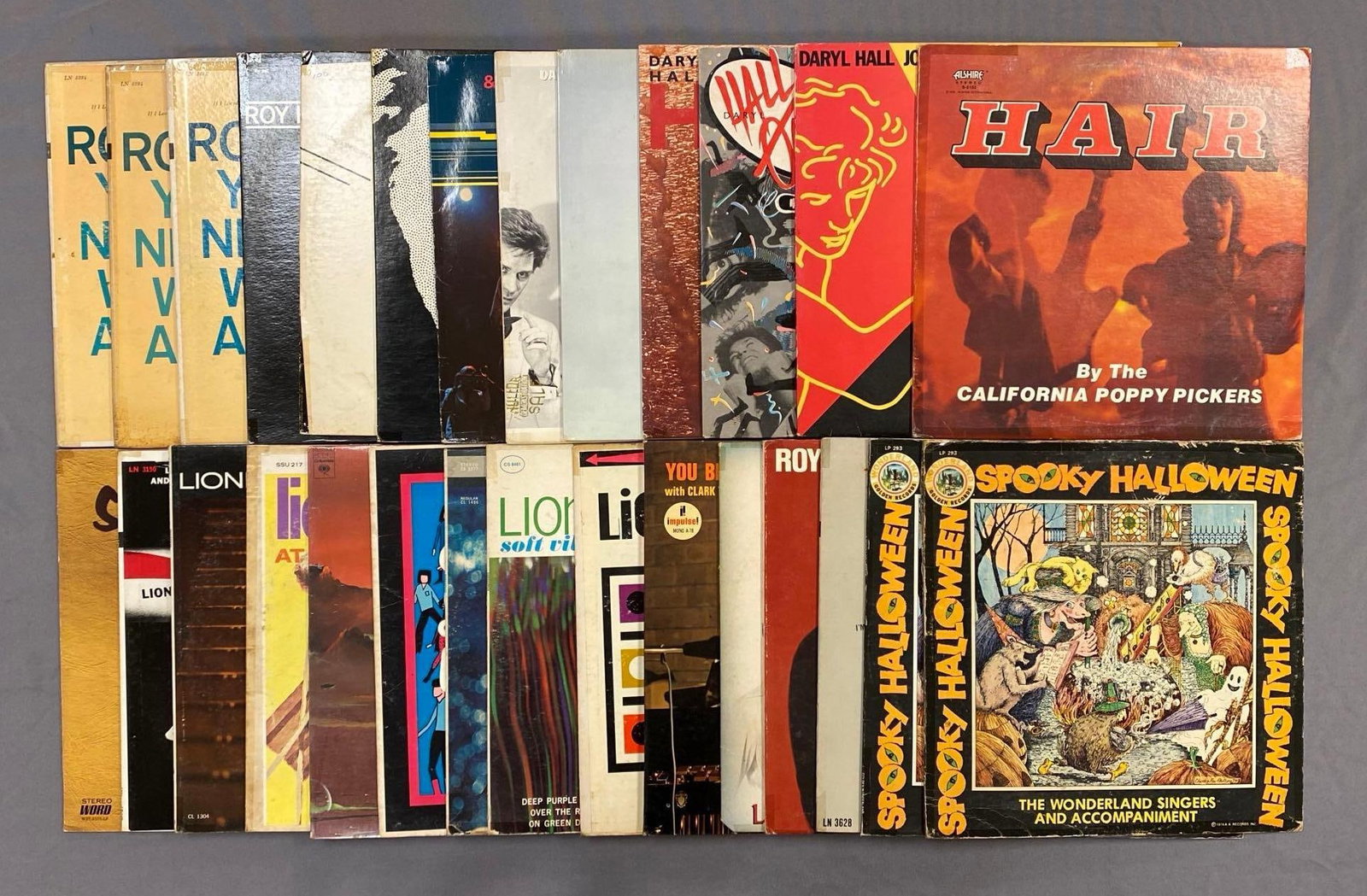 Group of 60+ Vintage Vinyl Records Including Hall and Oates, Hair, and More,: Includes Halloween music, Roy Hamilton, Merle Haggard, and more.