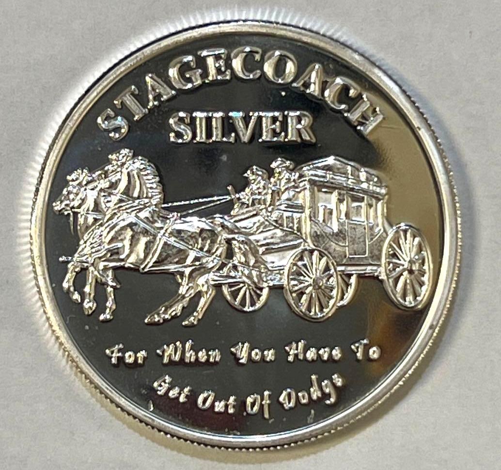 Super Cool Stagecoach Silver 1oz .999 Fine Silver Round with 1/4 oz Divisible (1 of 2)