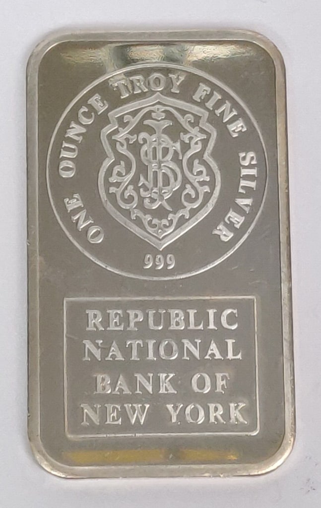 RARE HTF Johnson Matthey Republic National Bank of New York 1 oz .999 Fine Silver Bar (1 of 2)