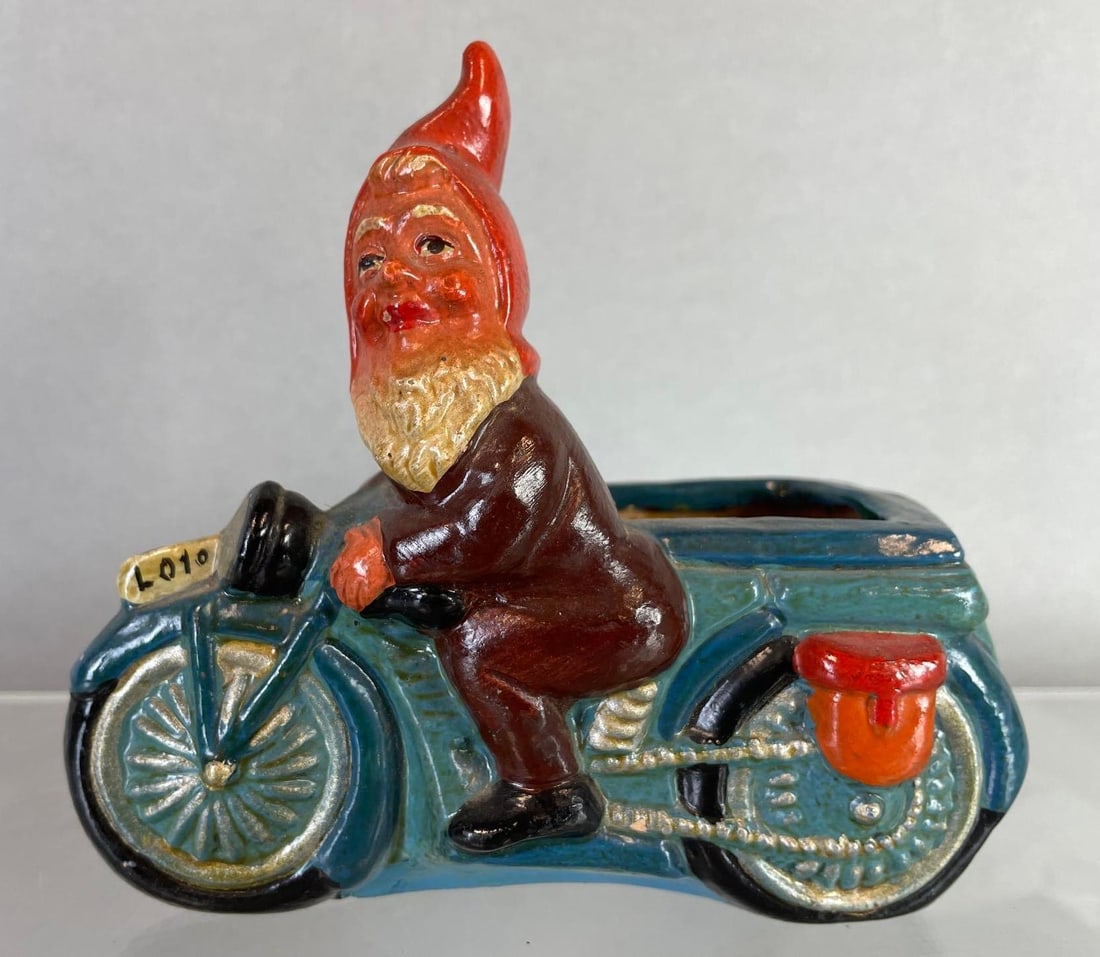 Vintage Gnome on a Motorcycle Ceramic Toothpick Holder: Measures 4 3/4 x 5 1/4 x 2 1/4 inches