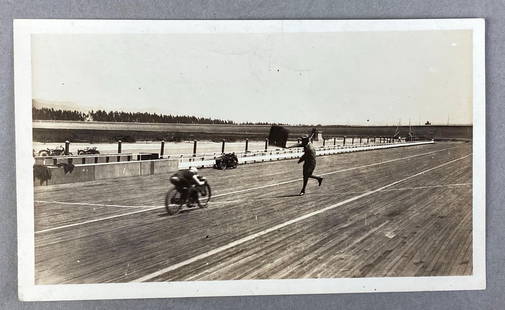 Jim Davis Racing Indian Motorcycle Real Photo Postcard: Jim Davis as he crosses the finish line