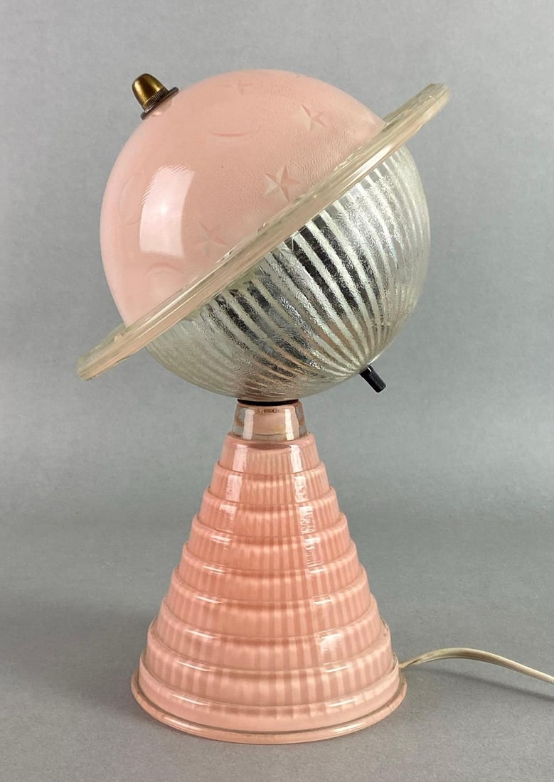 1939 New York Worlds Fair L.J. Houze Convex Glass Co. Pastel Peach Art Deco Atomic Saturn Lamp (1 of 5)