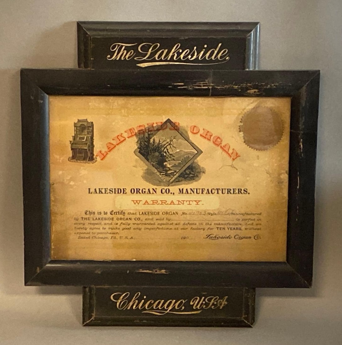 Early 1900s Lakeside Organ Co. Certificate of Authenticity: Certificate for Lakeside Organ No. 40753, Chicago Illinois, Some tears along edges, Frame measures 16 x 15 inches, Document measures 9 x 12 1/2 inches.
