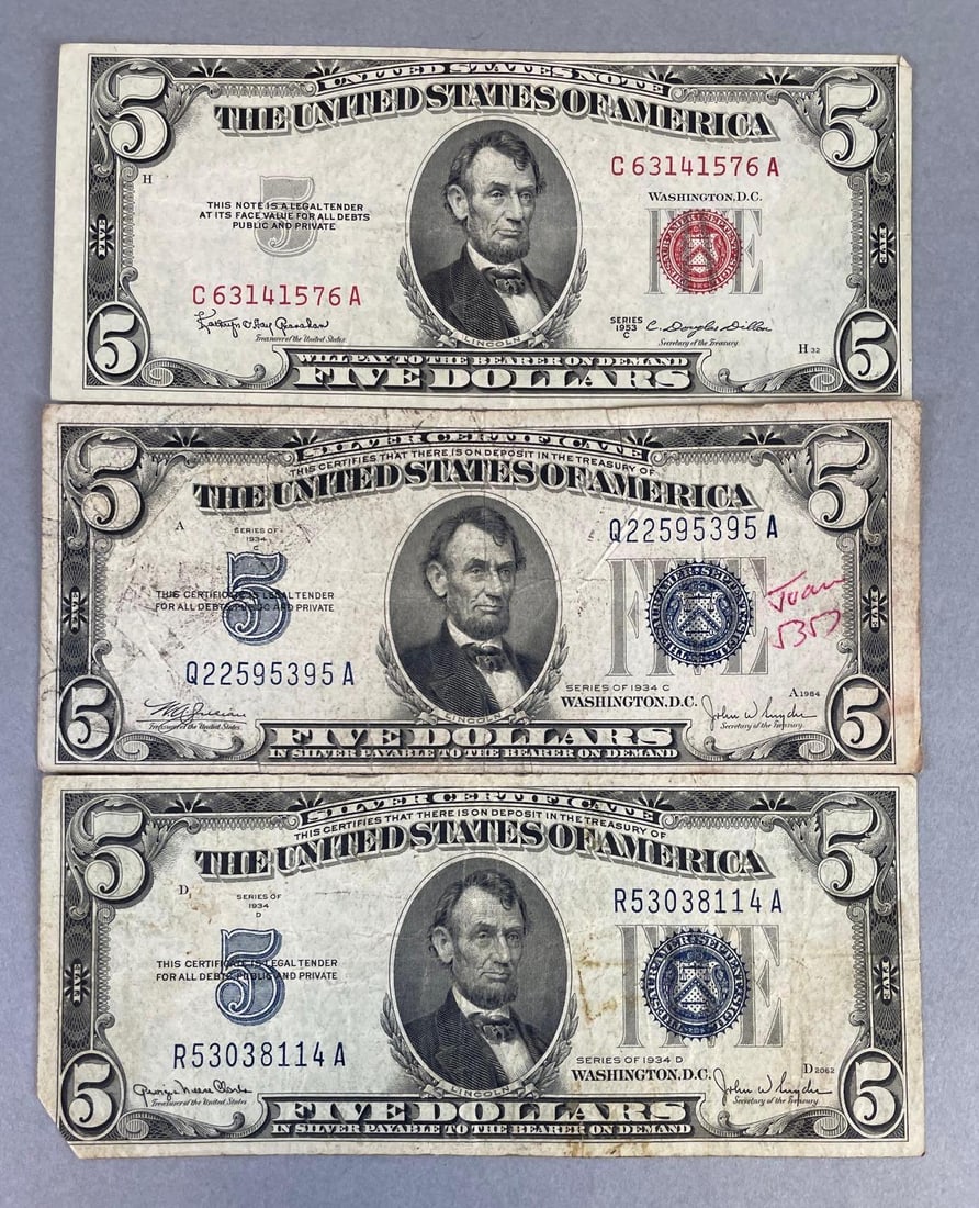 Red and Blue Mark 5 Dollar Bills (1 of 2)