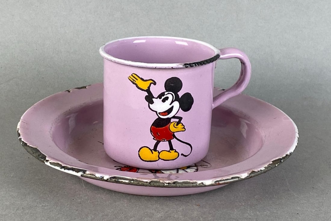 Vintage German Porcelain Enamel Disneys Mickey Mouse Mug and Bowl (1 of 3)