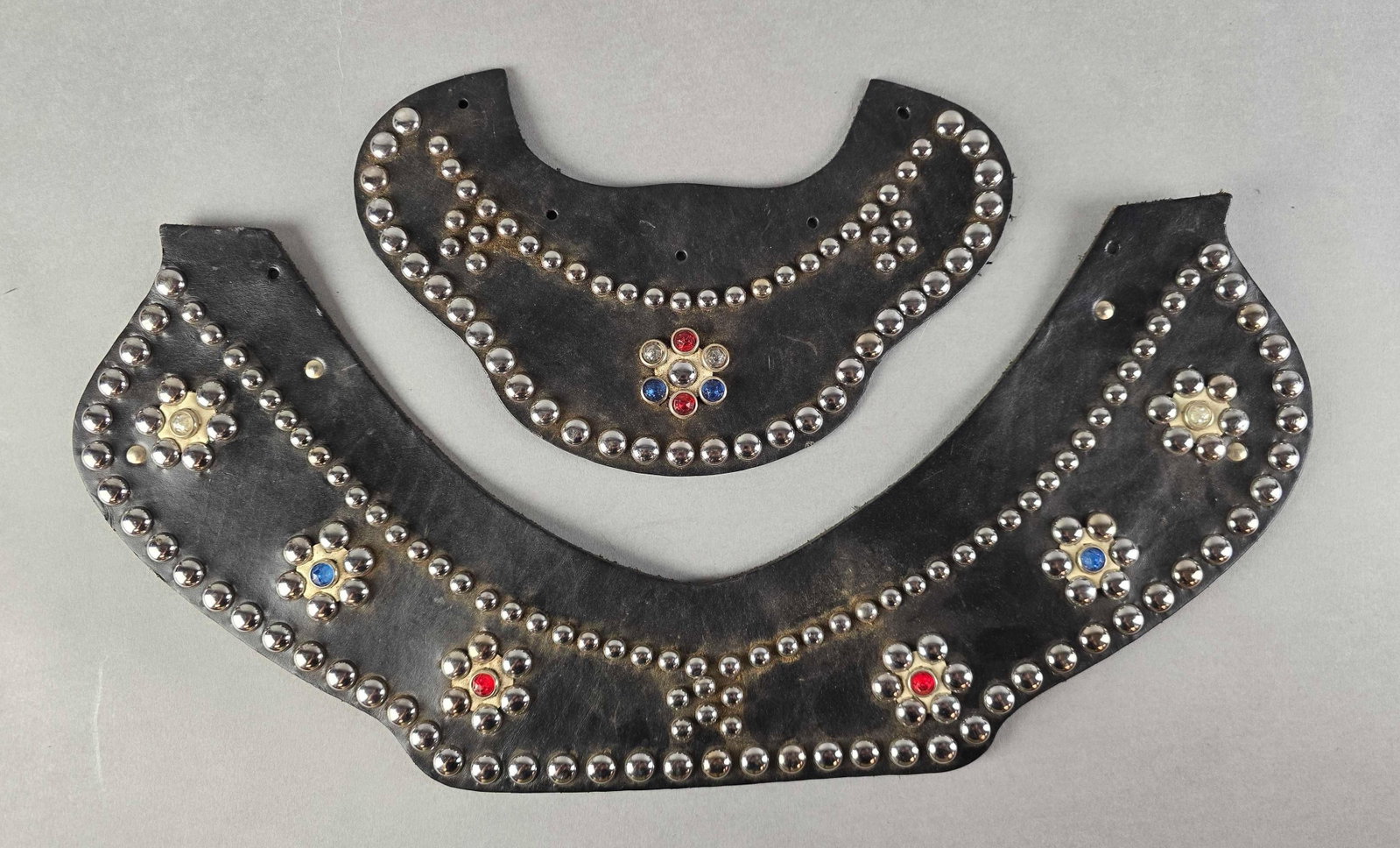 Group of Studded Black Leather Collars: Largest measures 21 x 9 1/2 inches