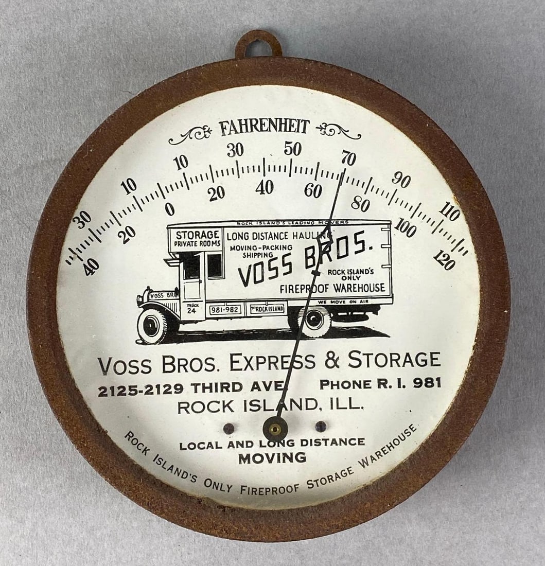 Voss Bros Express and Storage Advertising Thermometer: Rock Island, IL, in working condition, Rust throughout, measures 6 1/2 x 6 x 1 1/2 inches