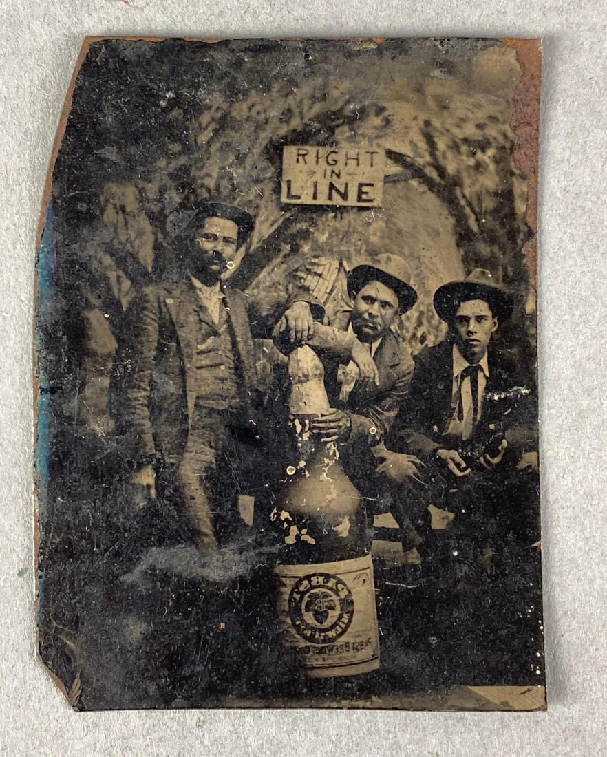 Vintage Three Men Posing With Large Beer Bottle Tin Type Photograph (1 of 2)