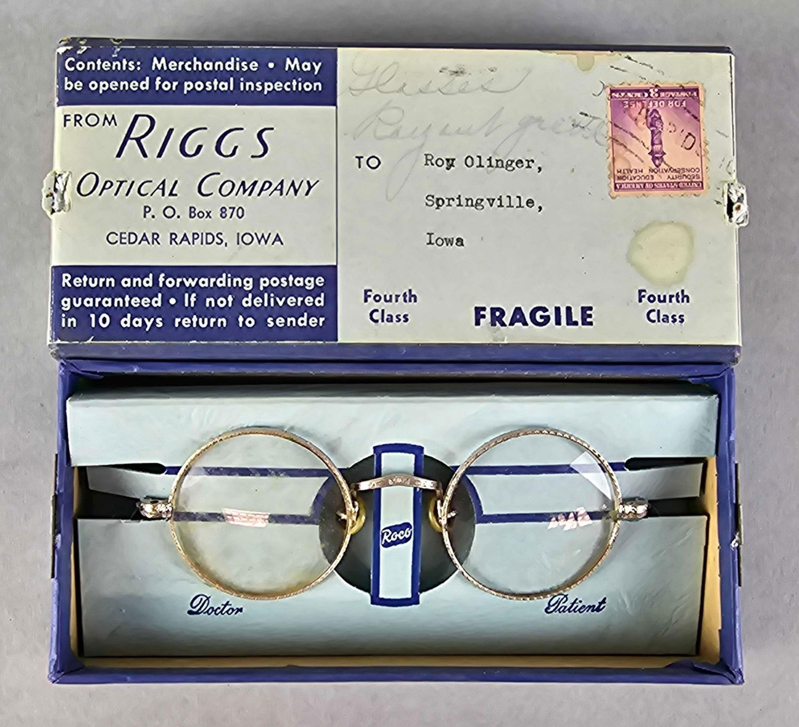 Vintage Riggs Optical Company Round Lens Spectacles: In original box, box measures 6 x 2 3/4 x 1 1/4 inches