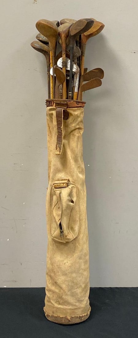 Set of Vintage Golf Clubs and Bag: Rust throughout, missing shoulder strap, tears throughout