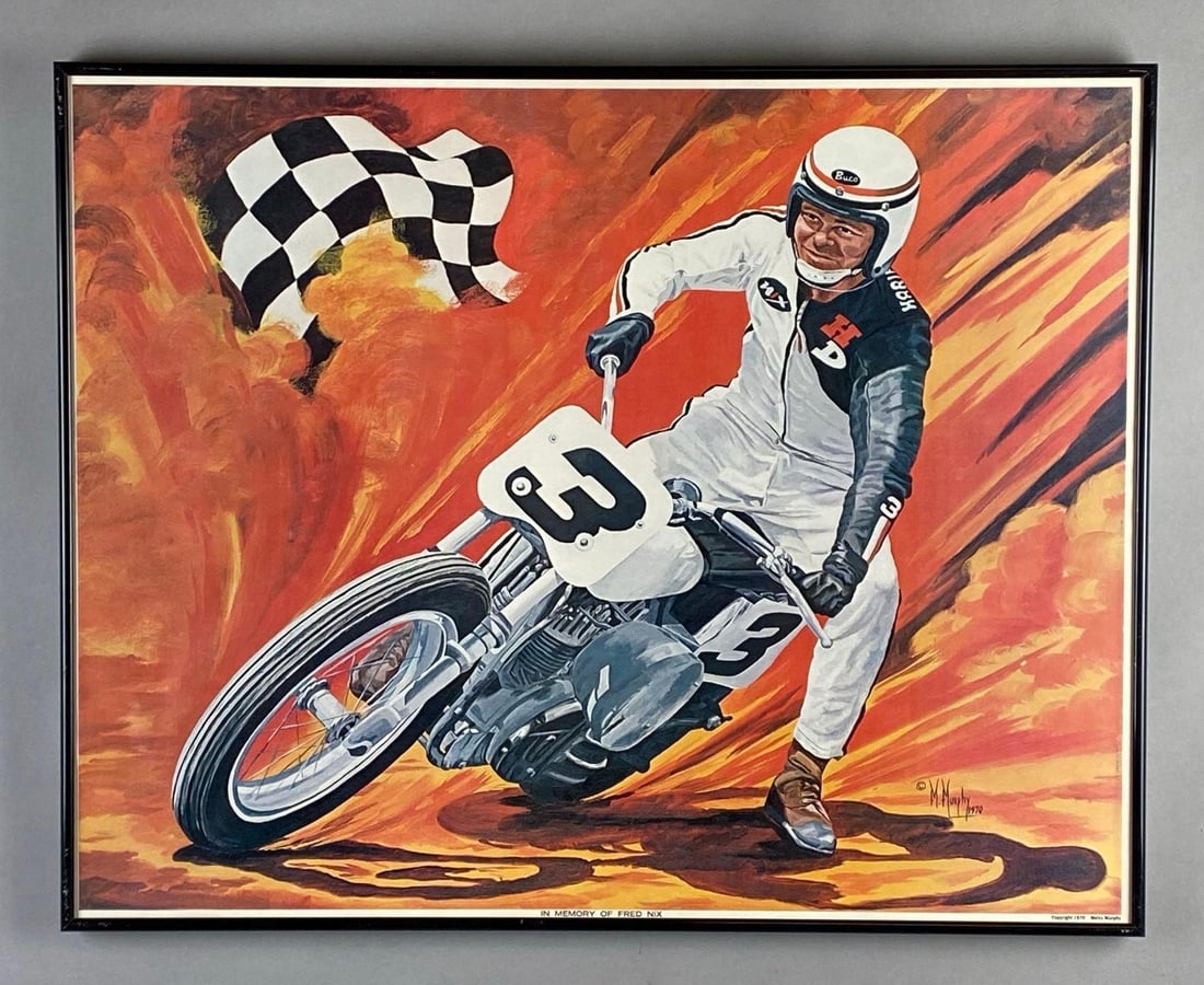 1970 Melva Murphy In Memory of Fred Nix Lithograph Motorcycle Poster: Frame measures 23 x 29 inches, Lithograph measures 22 1/2 x 28 1/2 inches.