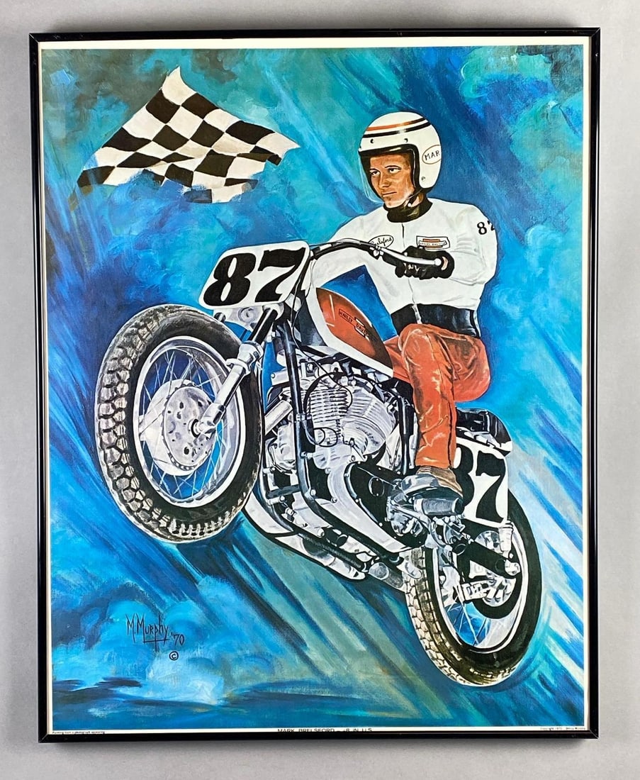 1970 Melva Murphy Mark Brelsford - #8 in US Lithograph Motorcycle Poster: Frame measures 29 x 23 inches, Lithograph measures 28 1/2 x 22 1/2 inches.