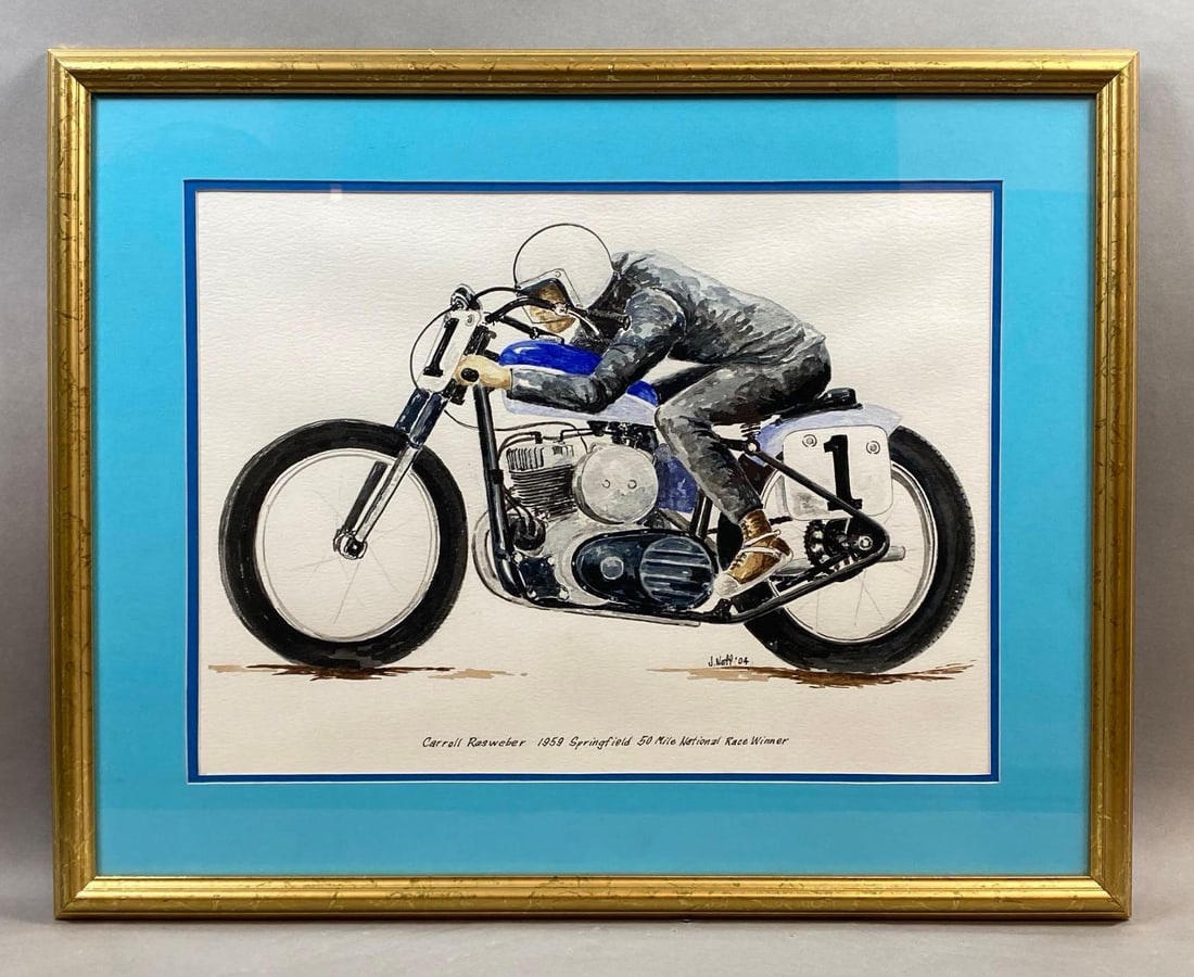 2004 J. Neff Carroll Resweber National Race Winner Watercolor Painting on Paper: Artists signature near back tire, 1959 Springfield 50 Mile National Race Winner? Frame measures 24 x 30 inches, Watercolor measures 16 1/2 x 22 inches.