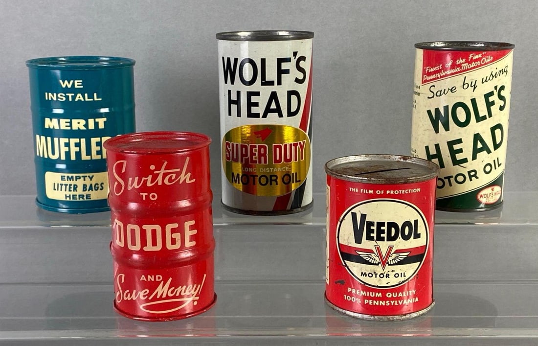 Group of 5 Miniature Motor Oil Can Advertising Coin Banks (1 of 4)