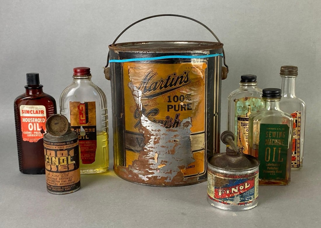 Group of Vintage Advertising Bottles and Cans: Includes Sinclair Household Oil, High Grade Boye Oil, Sewing Machine Oil, Martins Quick Drying Varnish, and more, Largest measures 7 1/2 x 7 1/2 x 6 1/2 inches.