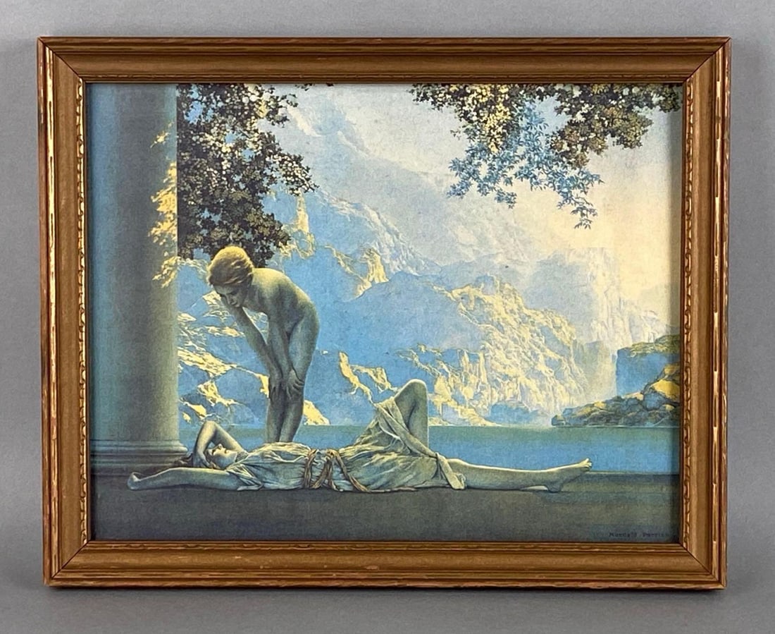 Maxfield Parrish Daybreak Classic Art Print: Artists name printed on bottom right corner, Frame measures 9 1/4 x 11 1/2 inches, Print measures 8 x 10 inches.