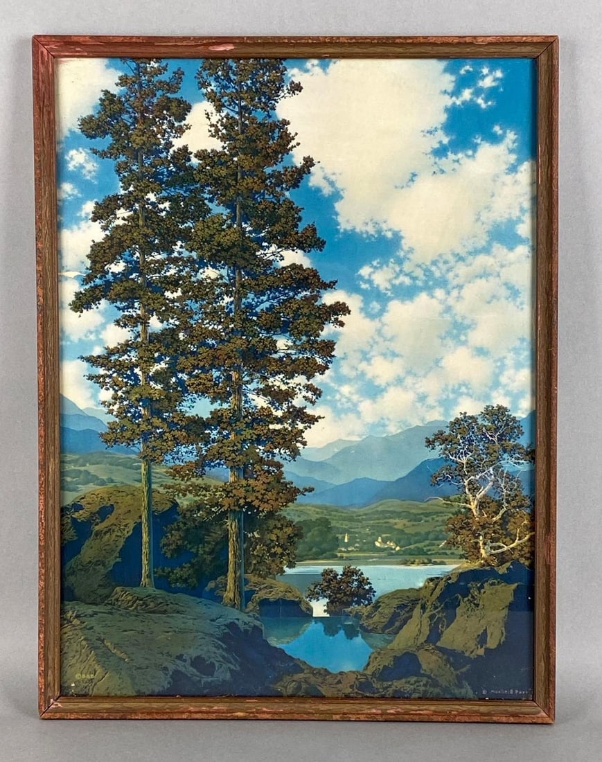 Maxfield Parrish Templed Hills Lithograph: 1940s, B and B Publisher, Artists name printed on bottom right corner, Frame measures 16 3/4 x 12 3/4 inches, Lithograph measures 16 x 12 inches.
