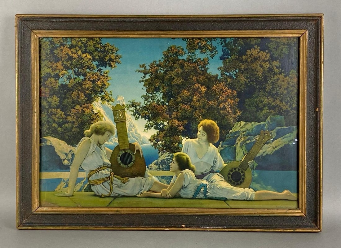 Maxfield Parrish The Lute Players Lithograph: Published by The House of Art New York, Artists name printed on bottom right corner, Some tears along bottom edges, Frame measures 14 1/2 x 20 1/2 inches, Lithograph measures 12 x 18 inches.