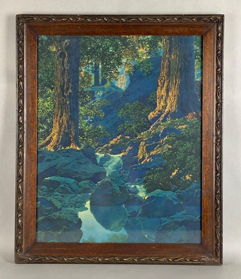 Maxfield Parrish The Glen Lithograph: Frame measures 23 1/2 x 19 1/2 inches, Lithograph measures 20 x 16 inches.