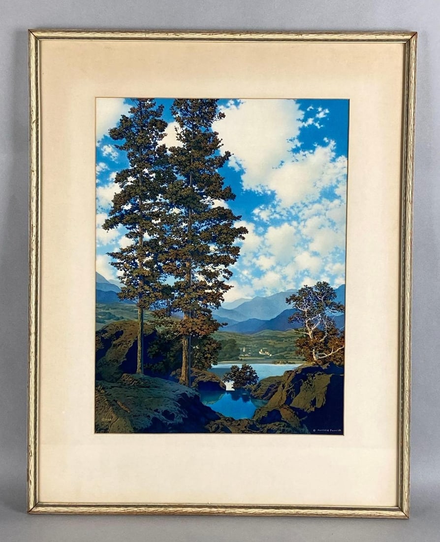 Maxfield Parrish Thy Templed Hills Lithograph: Published by B and B, Frame measures 22 3/4 x 18 inches, Lithograph measures 16 x 12 inches.