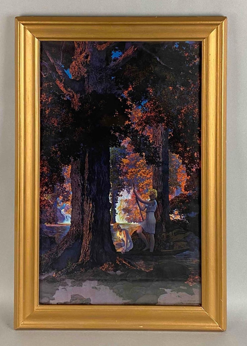 1927 Maxfield Parrish Golden Hours Lithograph: Artists name printed on bottom right corner, Frame measures 24 1/4 x 16 1/4 inches, Lithograph measures 21 x 13 1/2 inches.