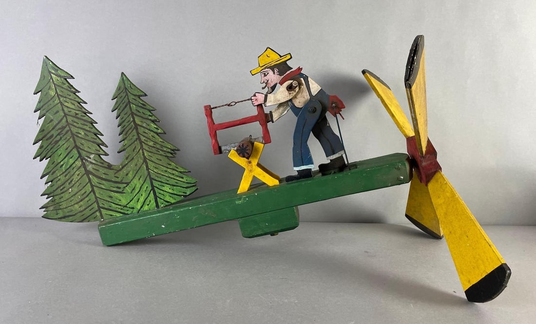 Wood Sawing Lumberjack Whirligig: Working condition, measures 19 x 27 x 14 inches