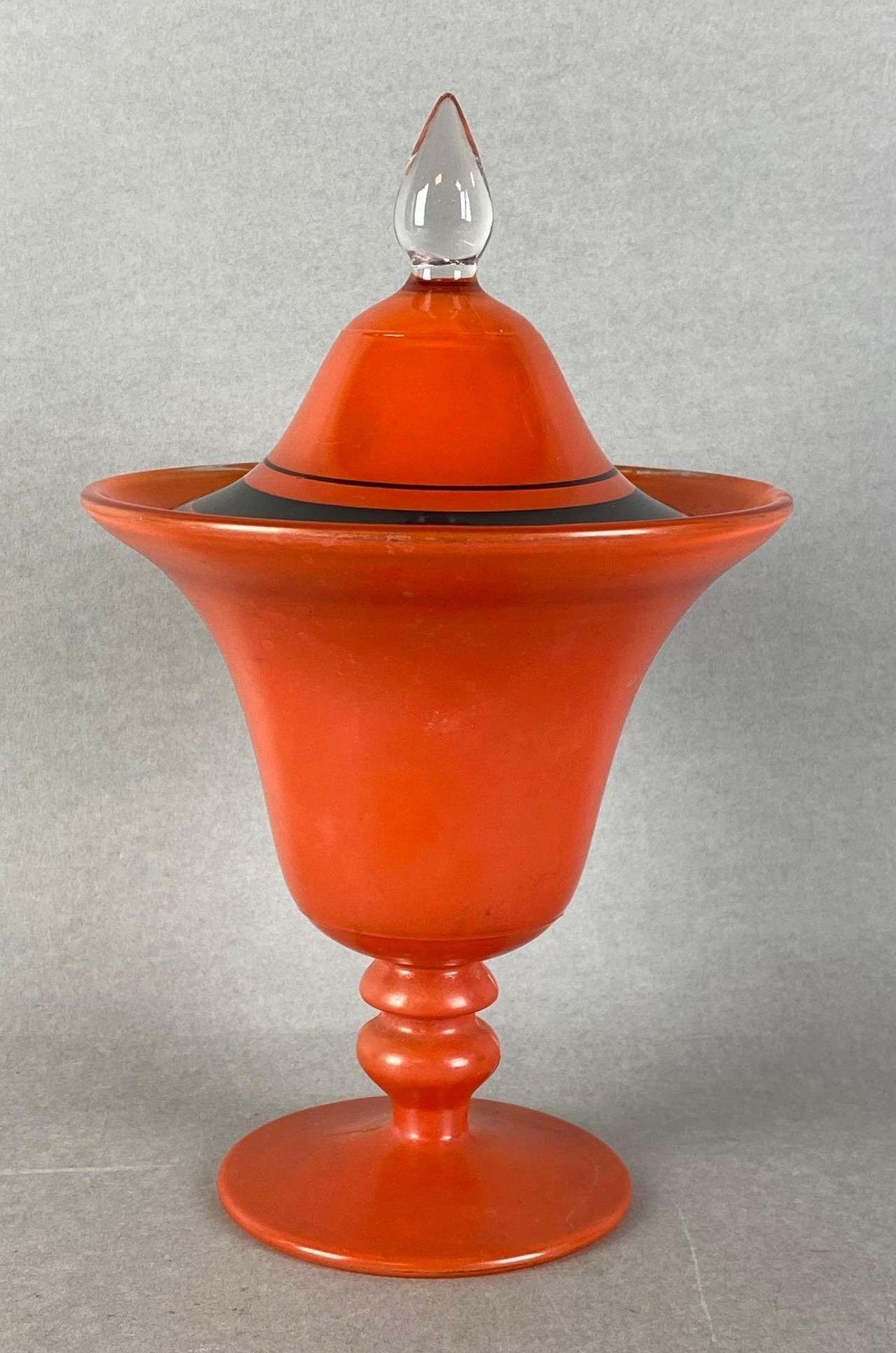Mid Century Modern Orange Black Pedestal Candy Bowl: Measures 10 1/4 x 6 1/2 x 6 1/2 inches