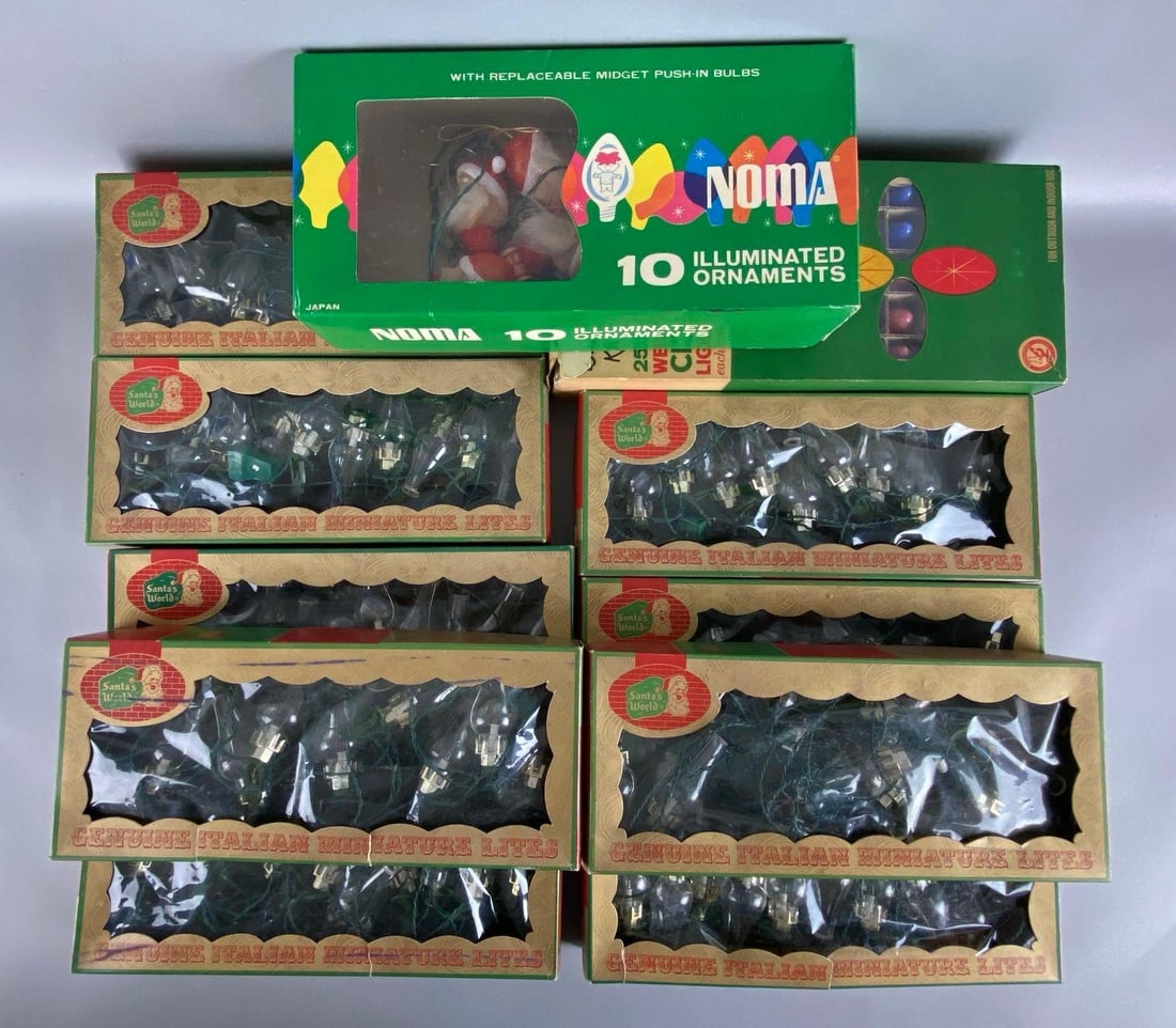 Group of Christmas Ornaments and Lights: Unknown working condition, Includes Santas World Genuine Italian Miniature Lites, Nina Illuminated Ornaments, and colorful bulbs, All with original boxes, Unknown set completions, Largest box measures