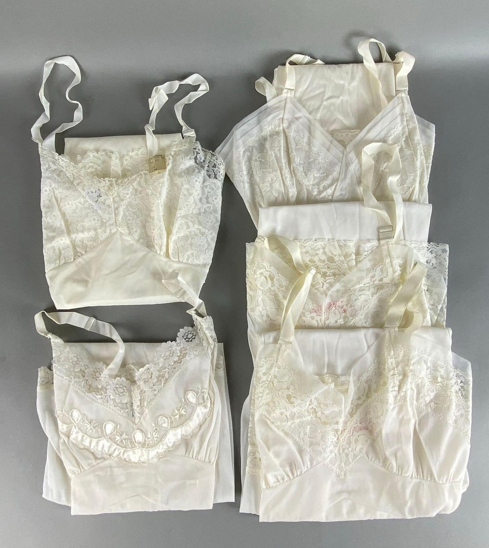 Group of 5 Vintage NOS White Lace Full Dress Slips: All approximately size 34, New old stock, Includes Reigning Beauty, Tip Top, and unmarked, Originally purchased from Boston Store in Joliet Illinois.