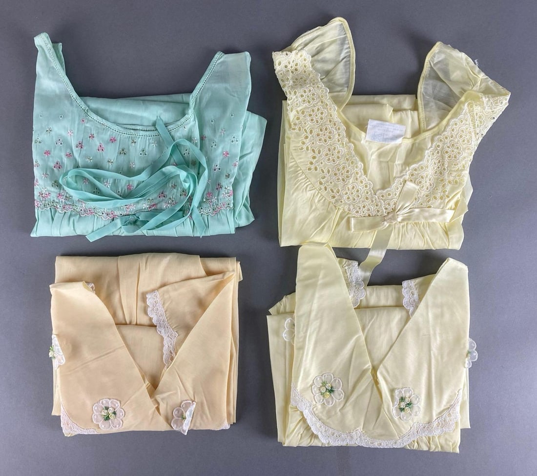 Group of 4 Vintage NOS Cotton Nightgowns: All approximately size 34, New old stock, Includes Philmaid, and unmarked, Originally purchased from Boston Store in Joliet Illinois.