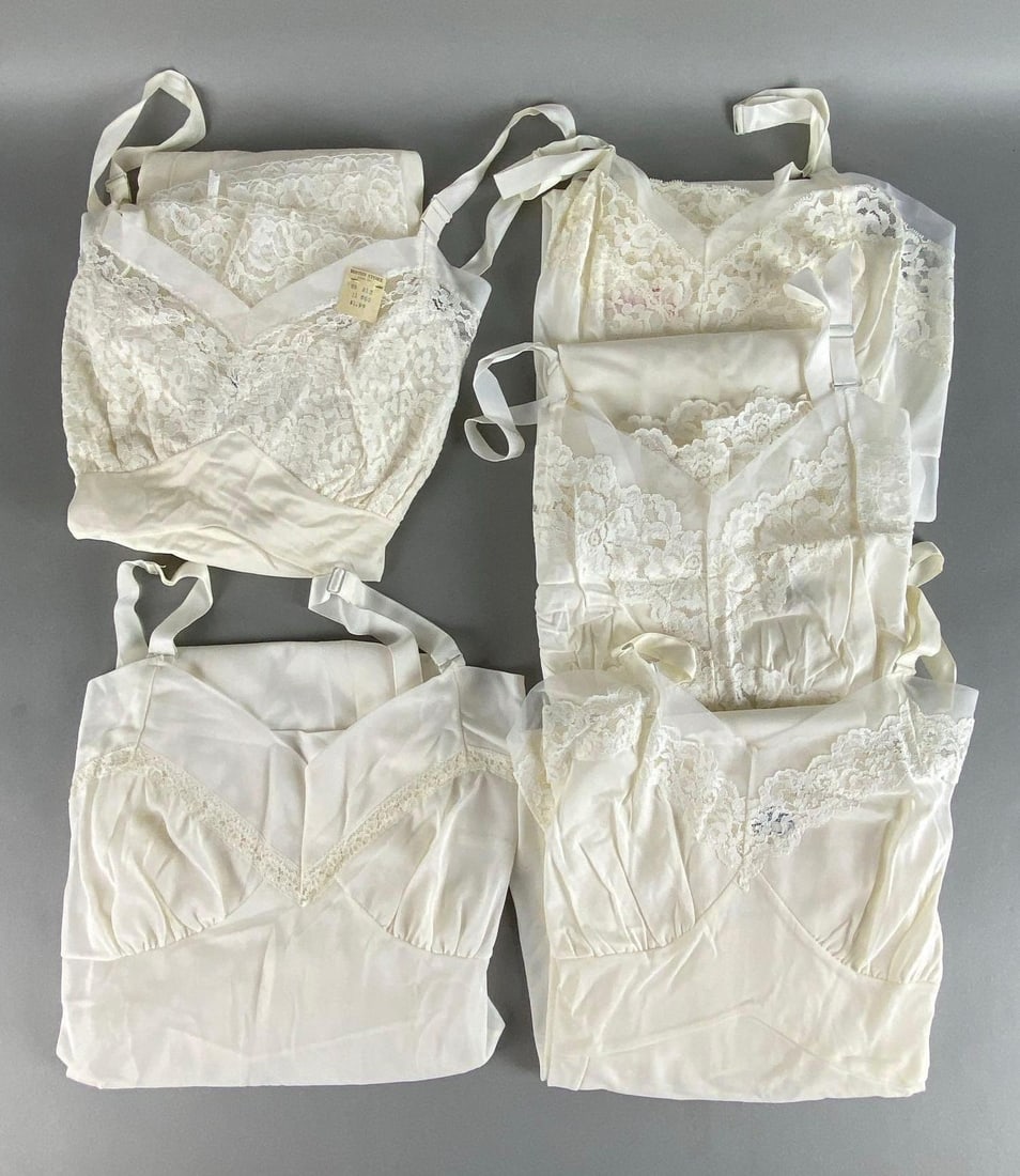 Group of 5 Vintage NOS White Lace Full Dress Slips: All approximately size 34, New old stock, Includes Tip Top, and unmarked, Originally purchased from Boston Store in Joliet Illinois.