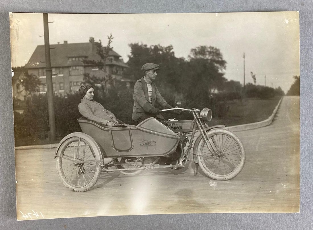 Pre-1915 Man and Woman on Harley-Davidson Motorcycle With Side Car Staged Photograph (1 of 2)