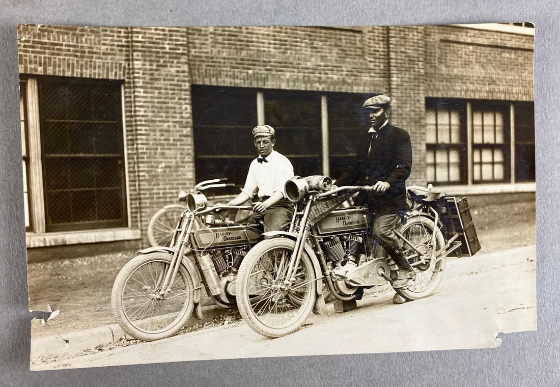 Pre-1915 Men on Harley-Davidson Motorcycles Staged Factory Photograph (1 of 2)